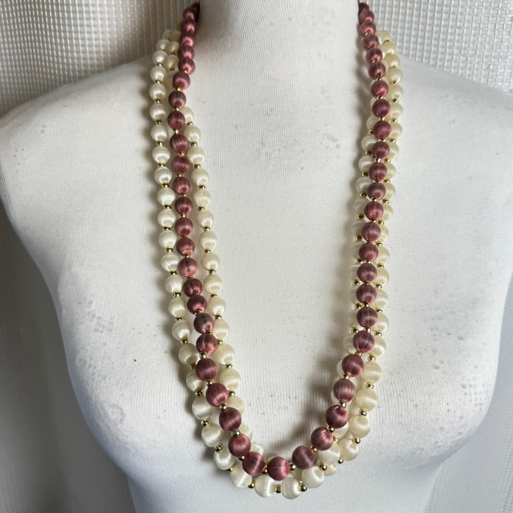 Lot of 3 Vintage Silk Wrapped Bead Necklaces Champagne Mauve Gold Tone 30in 50s
